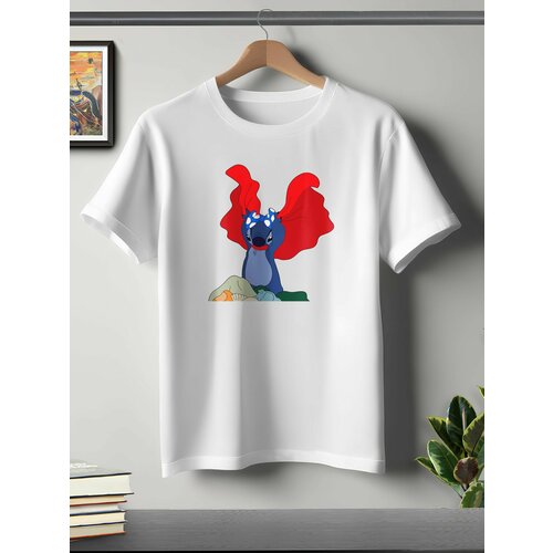 фото Футболка oneq унисекс 56-58 (3xl) размер с принтом стич, белая, размер 3xl, белый
