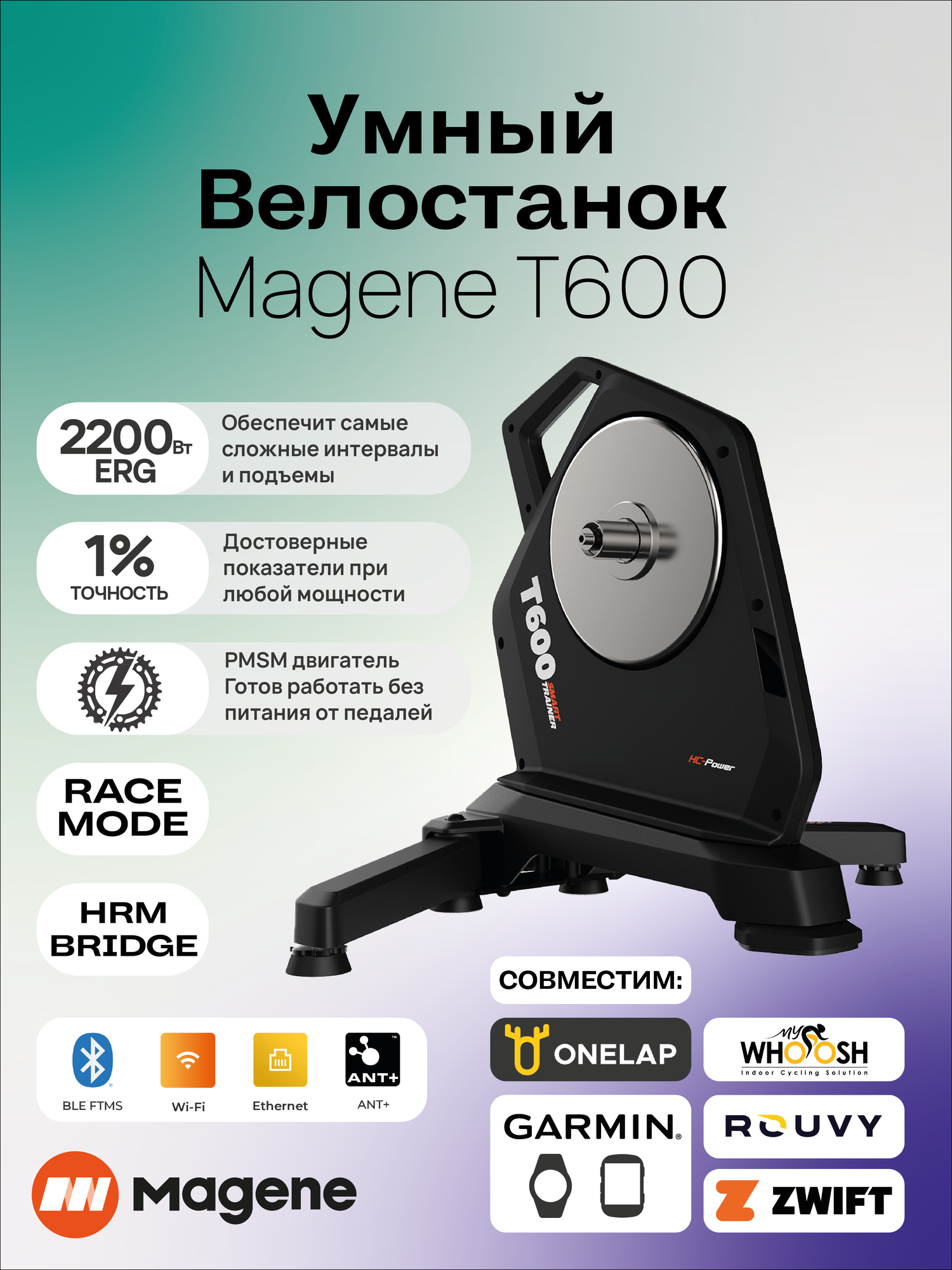 Велостанок с прямым приводом Magene T600 (2200 Вт. ANT/Bluetooth/WiFi/Ethernet RJ45 для Zwift и Onelap)