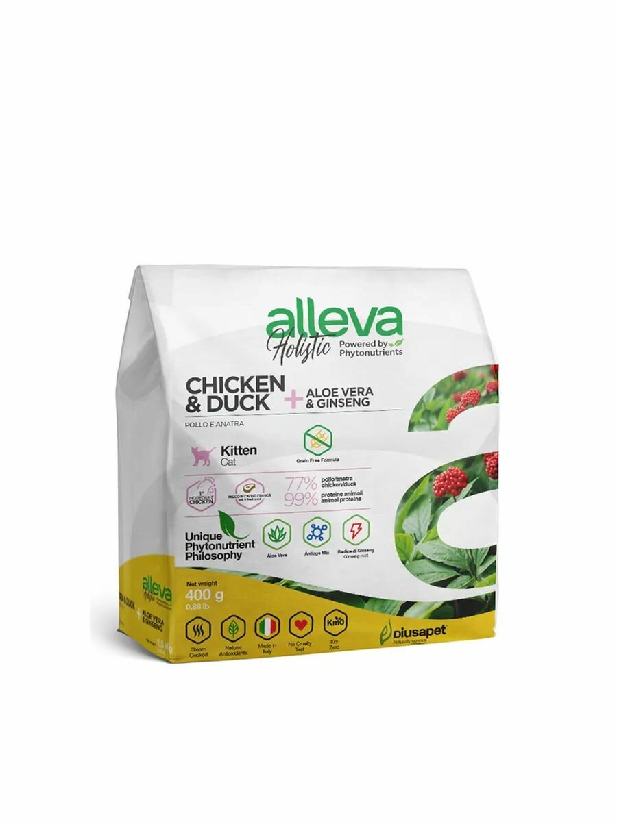 Alleva Holistic Kitten сухой корм для котят с курицей, уткой, алое вера и женьшенем - 400 г