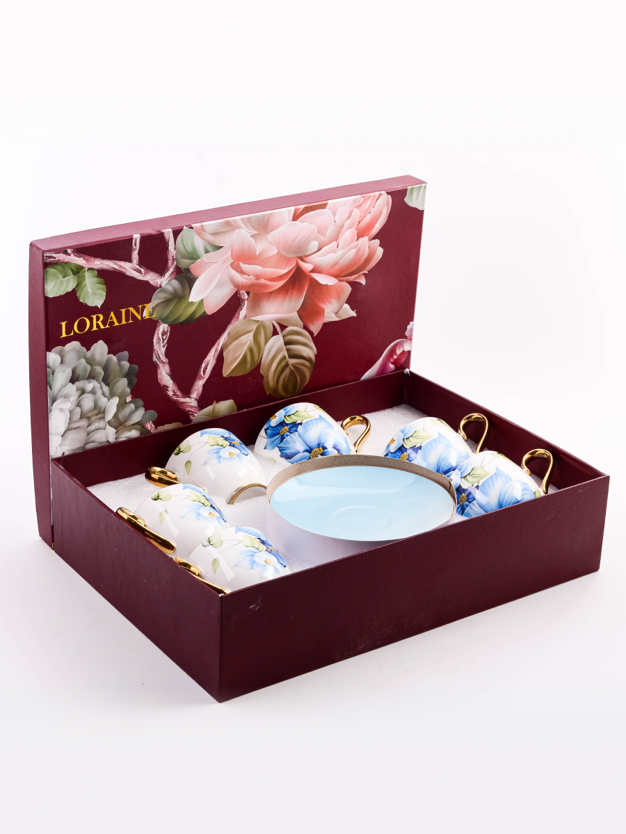 Чайный набор Loraine PREMIUM, фарфор, 200мл, 6 персон, голубой, 12шт — фото 1