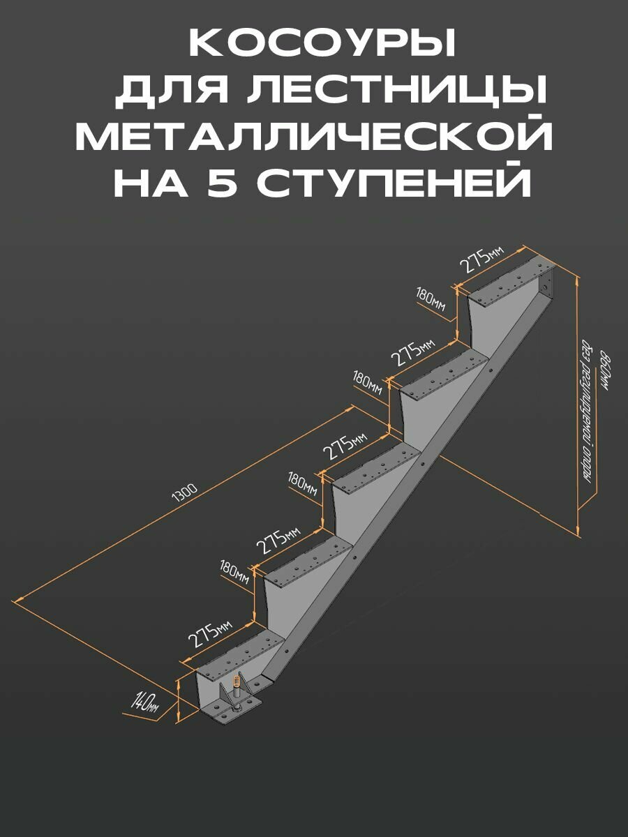 Косоур правый для лестницы металл. на 5 ступеней, чёрный