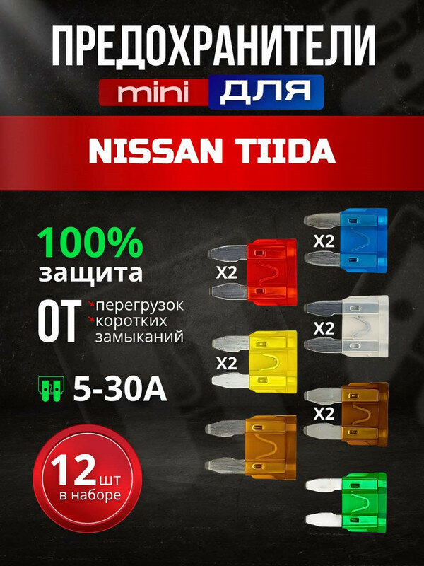 Предохранители для Ниссан Тиида (Nissan Tiida) / автомобильный набор Мини, 12 штук с пинцетом / флажковые 5-30 А