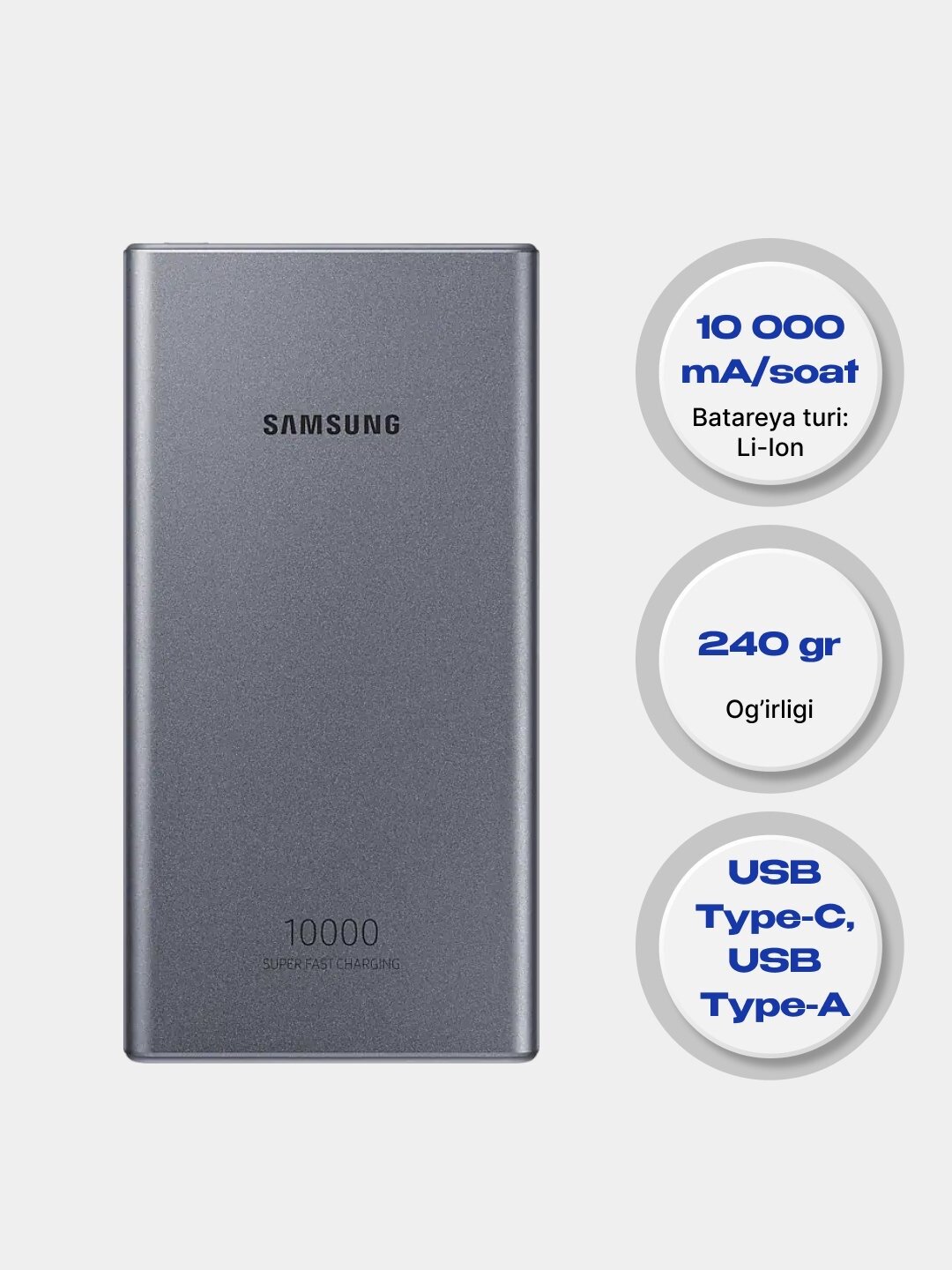 Power Bank Samsung, 10000мАч, сверхбыстрая зарядка, 2 порта, чёрный (AAA+lux)