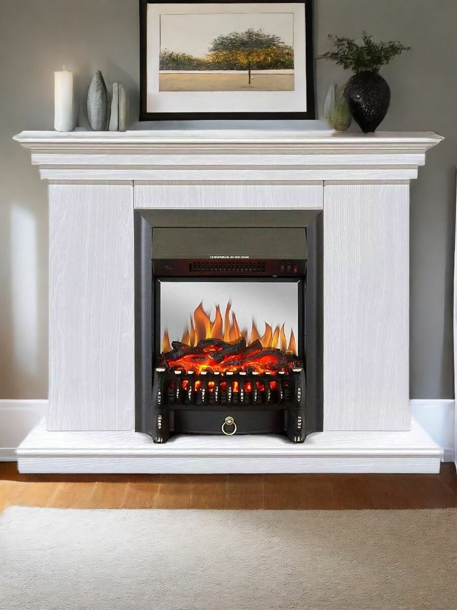 Камин электрический хорошие камины Марс белое дерево с очагом Fobos FX M Black с обогревом и звуком потрескивания дров