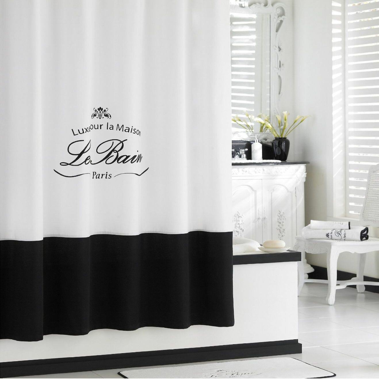 DS BATH Штора для ванной 180x200 см тканевая надписи белый, черный