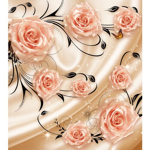 фотошторы розы с золотом ш150xв170 см 2шт атлас на тесьме Моющиеся виниловые фотообои GrandPiK Розы на золотом шелке 3D, 250х280 см