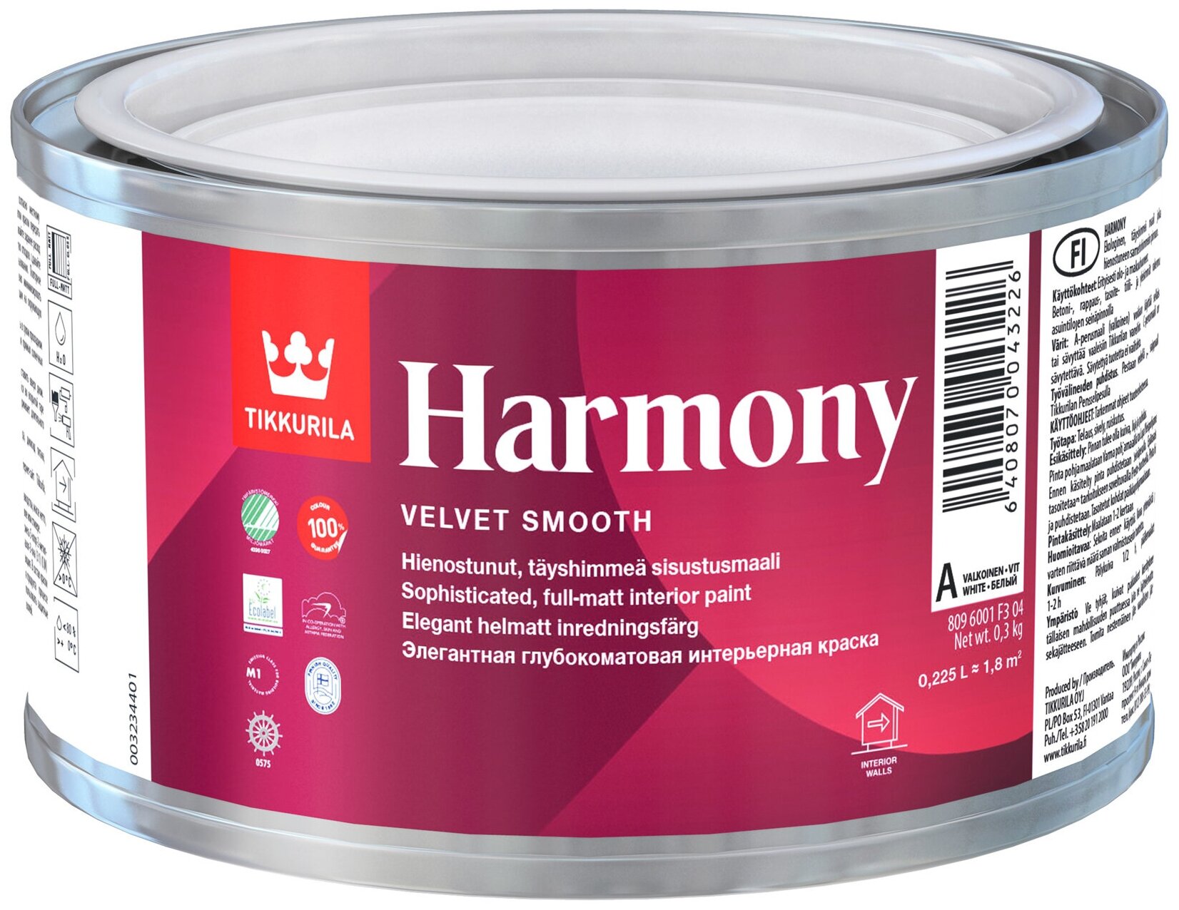 Краска акриловая Tikkurila Harmony влагостойкая моющаяся глубокоматовая белый 0.225 л 0.23 кг - фотография № 1