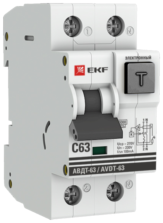Дифференциальный автомат АВДТ-63 63А/100мА (характеристика С, электронный, тип А), 6кА, EKF PROxima