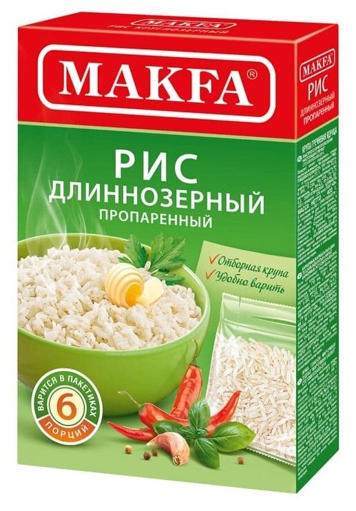 Упаковка 9 штук Рис длиннозерный Макфа пропаренный 400г (5 х 80г)(45 пакетиков) - фотография № 2