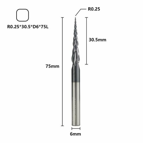 Фреза спиральная двухзаходная конусная сферическая XCAN 0,25х30,5х6х75 мм, покрытие TiALN