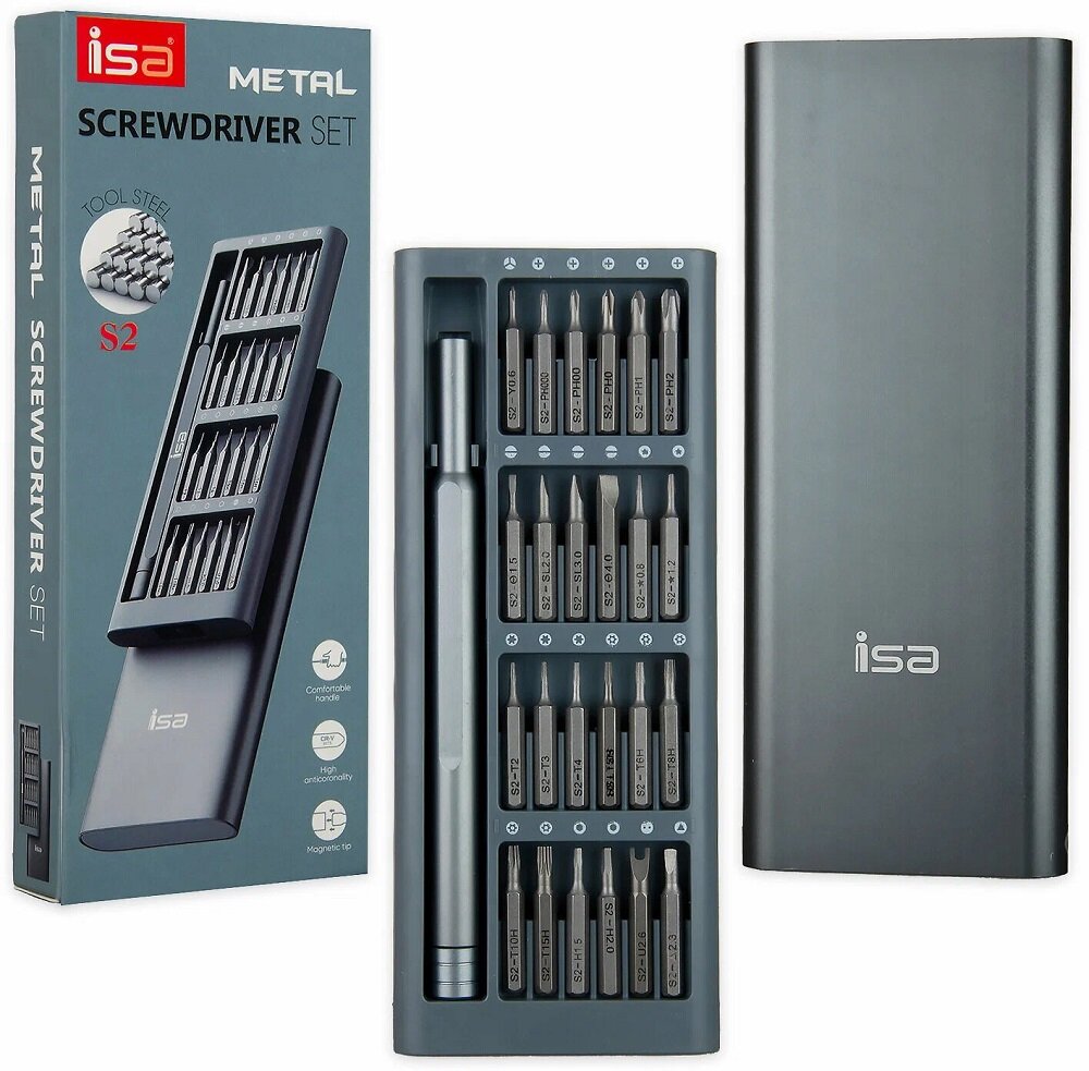 фото Набор инструментов 24 в 1 (отвертка и 24 биты) ISA S2 в металлическом пенале