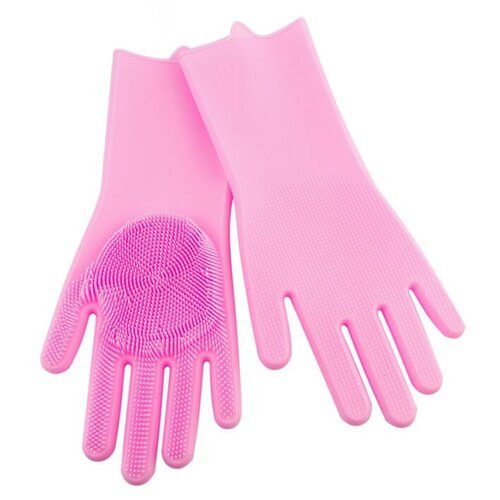 фото Перчатки силиконовые с ворсинками для мытья посуды (розовые) dom
