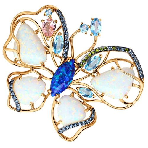 Брошь SOKOLOV, красное золото, 585 проба, опал, фианит, морганит, топаз