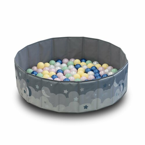 Детский сухой бассейн UNIX Kids Moon 100 Grey + 150 шариков, диаметр 100 см, складной, сумочка в комплекте, высота бортиков 30 см, серый