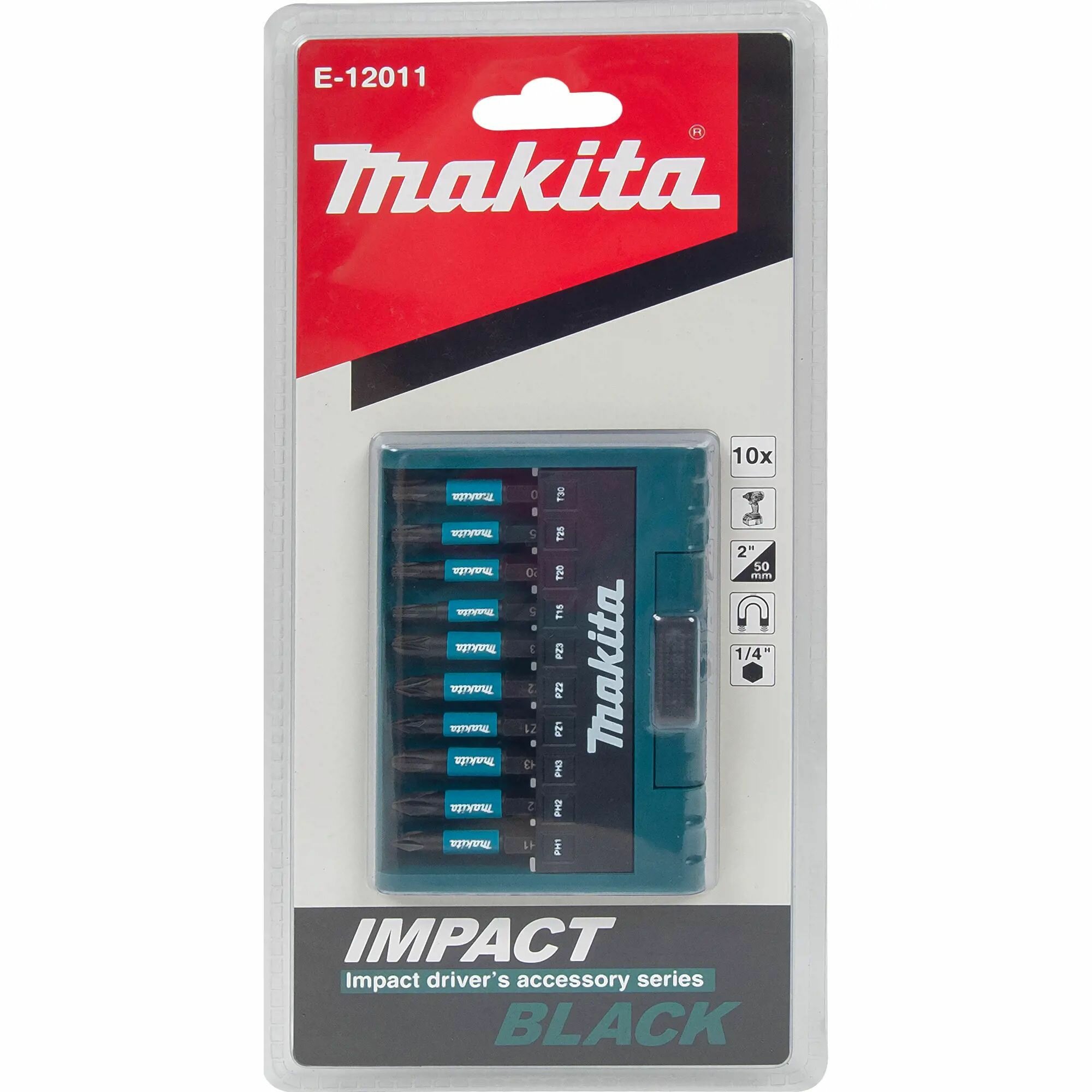 Набор бит Makita Impact Black 50 мм 10 шт.(PH1, PH2, PH3, PZ1, PZ2, PZ3, T15, T20, T25, T30)