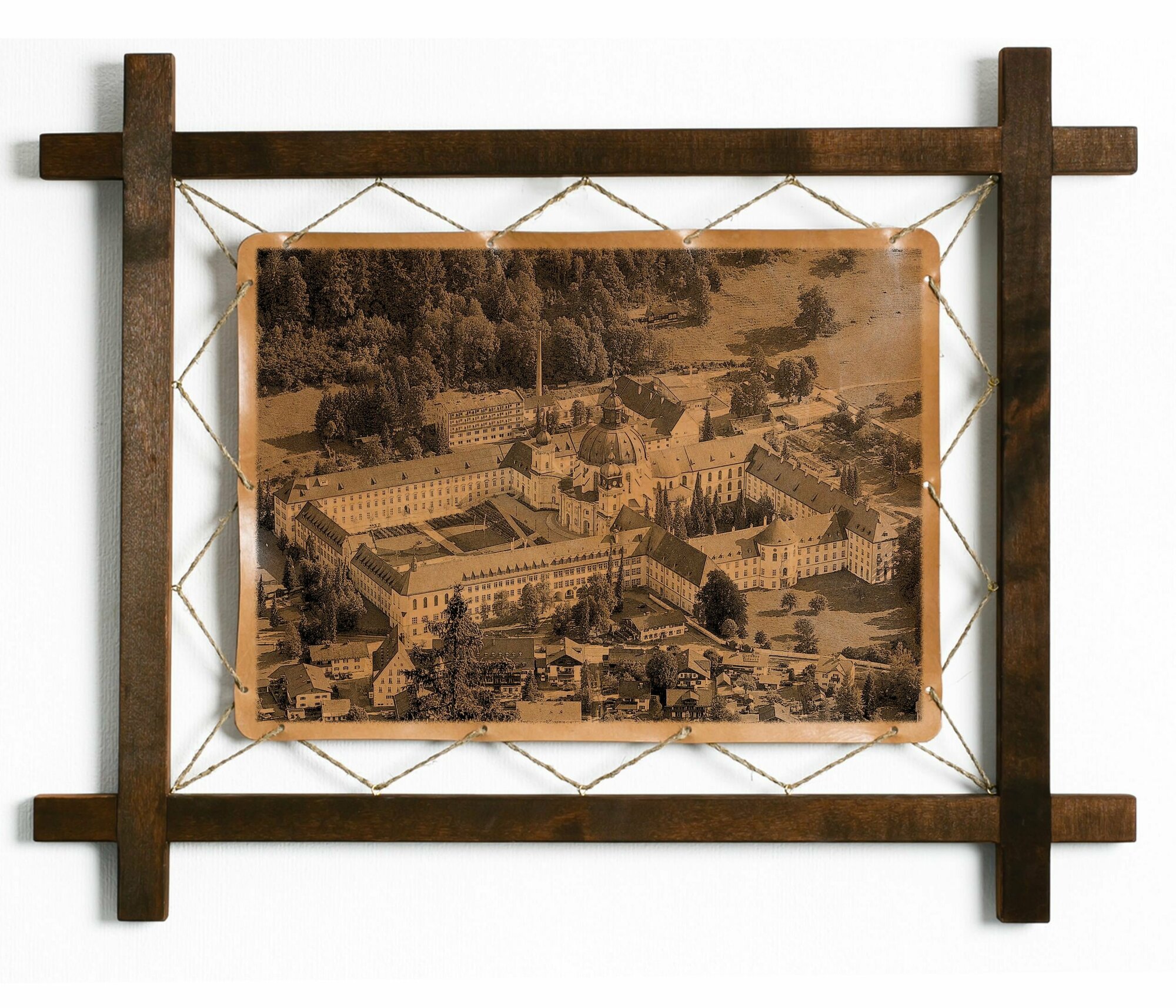 Картина Монастырь Этталь, Германия, гравировка на натуральной коже, интерьерная для украшения и декора на стену в деревянной раме, подарок, BoomGift