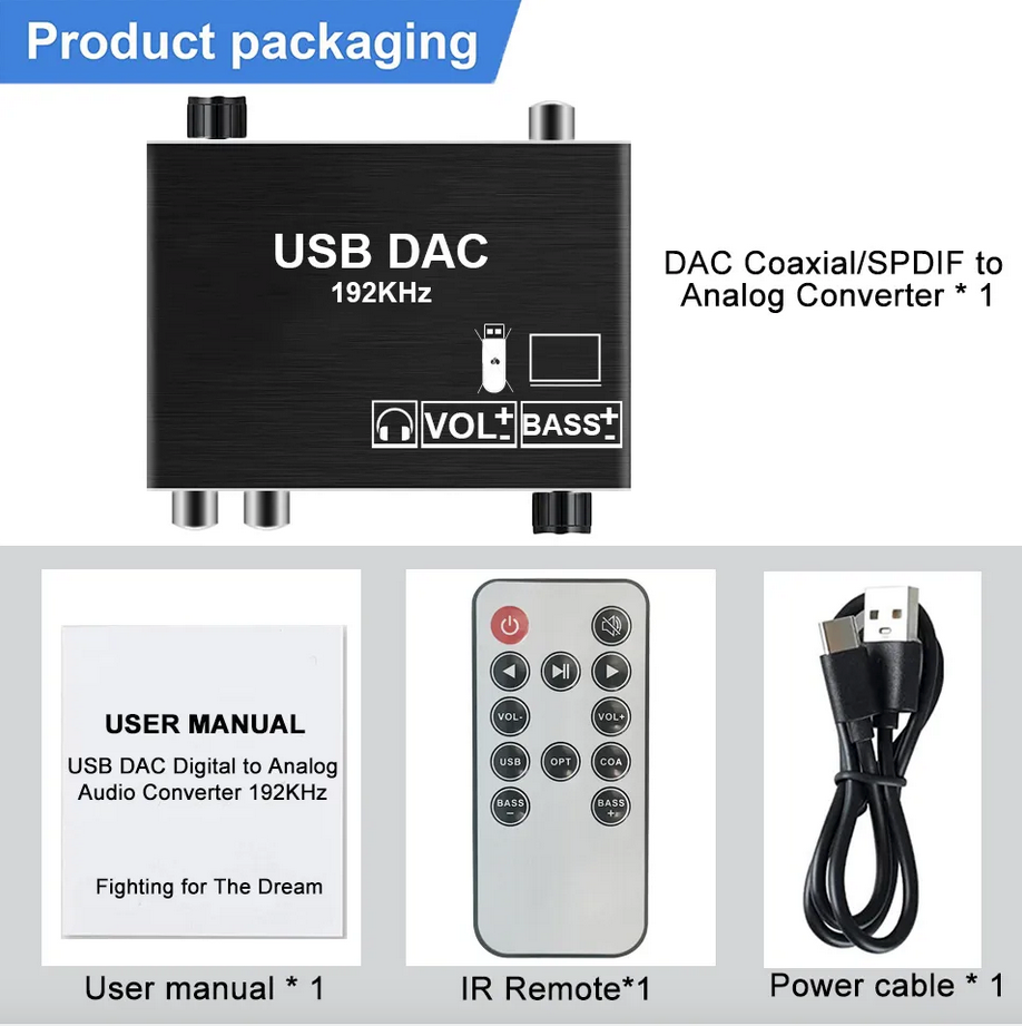 Цифро-аналоговый преобразователь декодер USB DAC 192kHz (S/PDIF Coaxial RCA AUX Vol Bass)