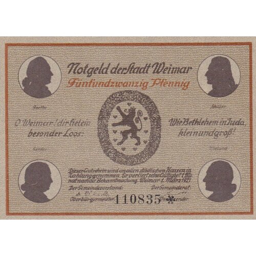 Германия (Веймарская Республика) Веймар 25 пфеннигов 1921 г. (№5) банкнота нотгельды германия 25 пфеннигов 1921 год серия веймар купюра бона