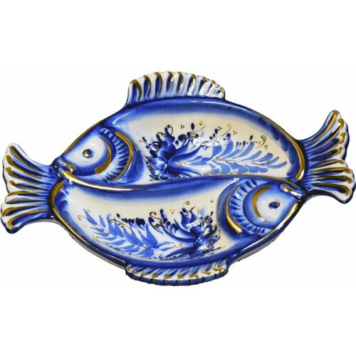 Икорница фарфоровая (рыбки) Гжель с золотом. Ручная работа Россия.