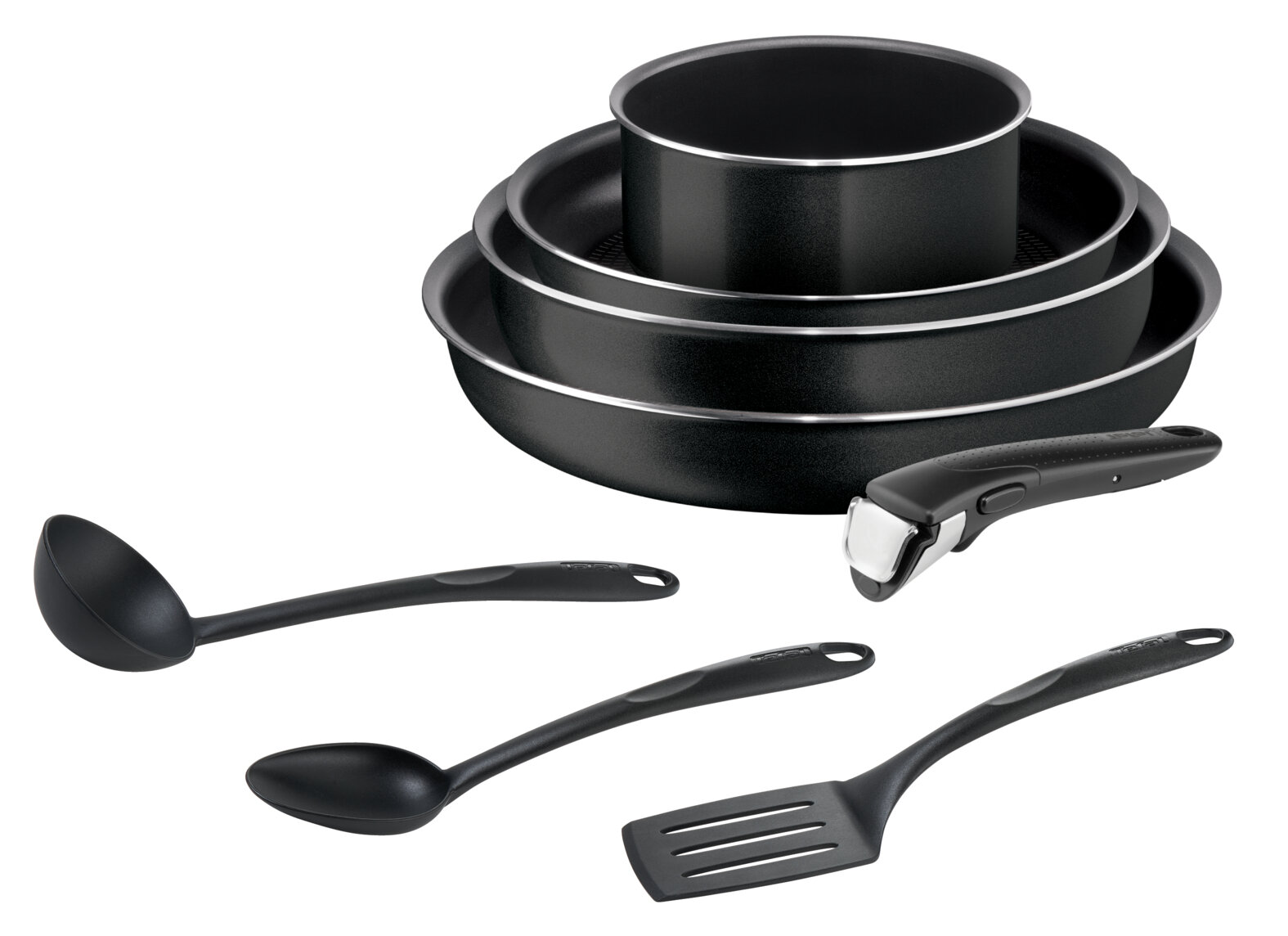 Набор посуды со съемной ручкой Tefal Ingenio Black 04238850, 8 предметов: ковш 16см, сковороды 24, 26, 28 см, кухонные аксессуары, с индикатором температуры и антипригарным покрытием, для газовых, электрических плит