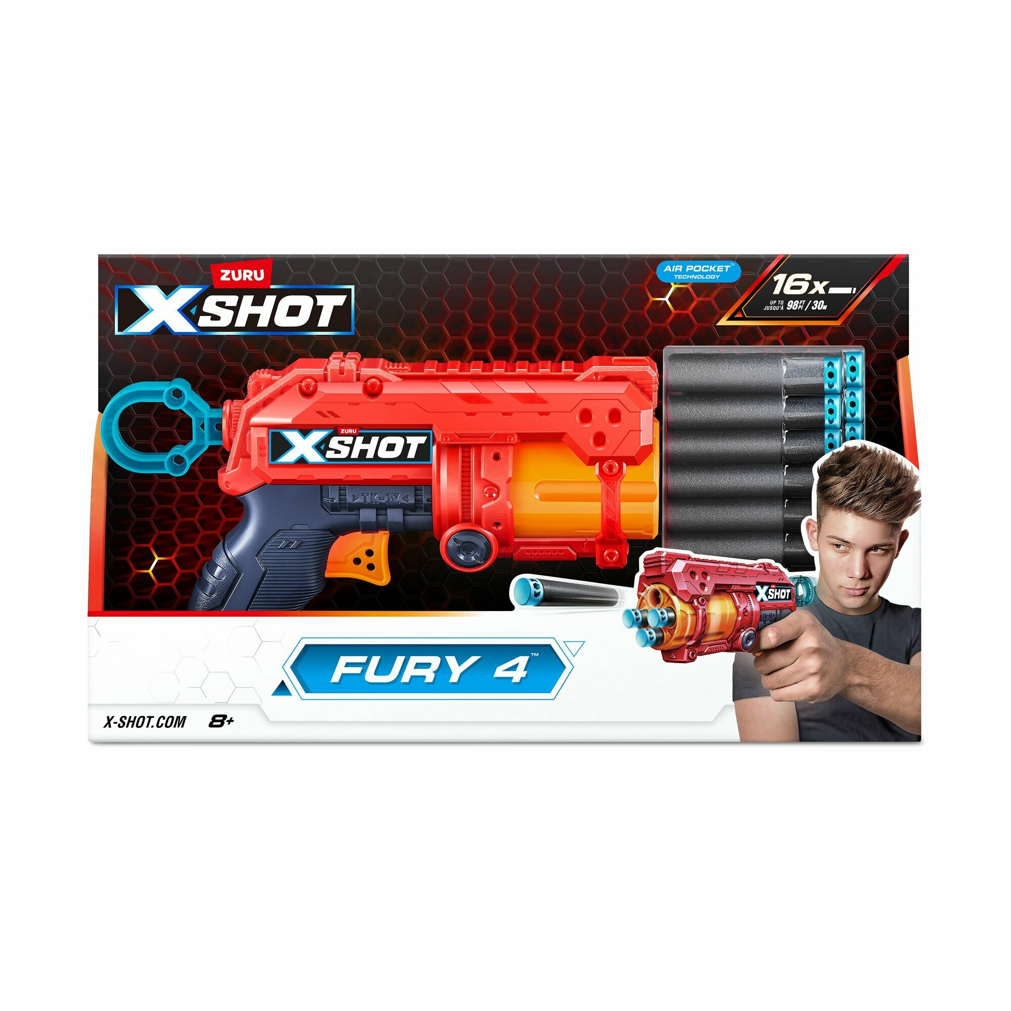 Пистолет с мягкими дротиками в комплекте (16 шт.) ZURU X-Shot Excel Fury 4, игрушечное оружие, игрушка для мальчика, подходят стрелы нерф, 36377