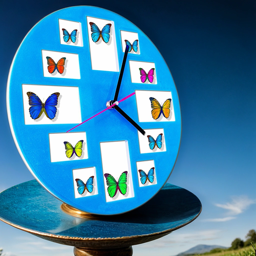Фоторамка-часы на стену на 12 фотографий круглая голубая 30х30см глубина 16см 2500₽