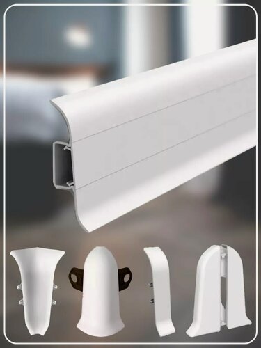 Изображение товара Плинтус напольный Ideal Classic 55мм белый (комплект с фурнитурой) 1100мм х 55мм х 22мм с кабель-каналом