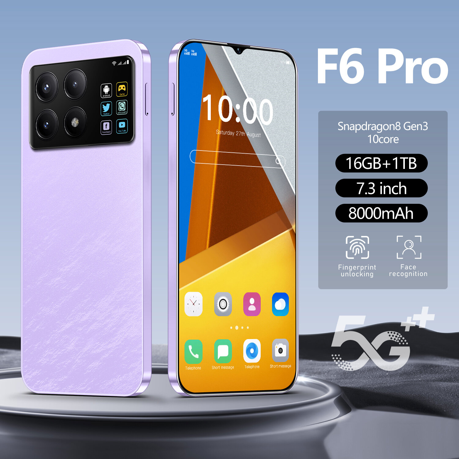 Смартфон, F6 PRO Мобильный телефон, встроенный HD экран, 16GB+1TB, WIFI+BT+FM+GPS, порт для зарядки Type-C, разблокировка по отпечатку пальца, Android 13, фиолетовый