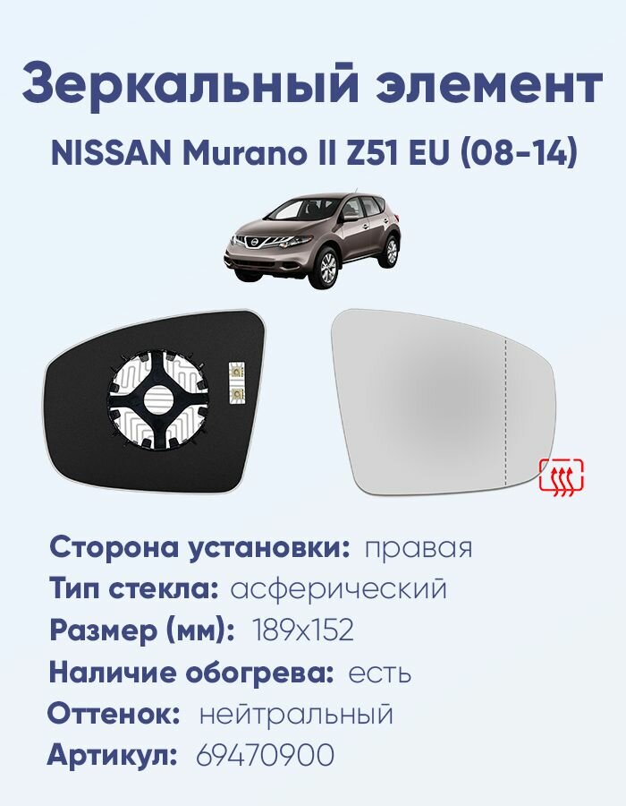 Зеркальный элемент правый NISSAN Murano II Z51 EU (08-14) асферика нейтральный с обогревом