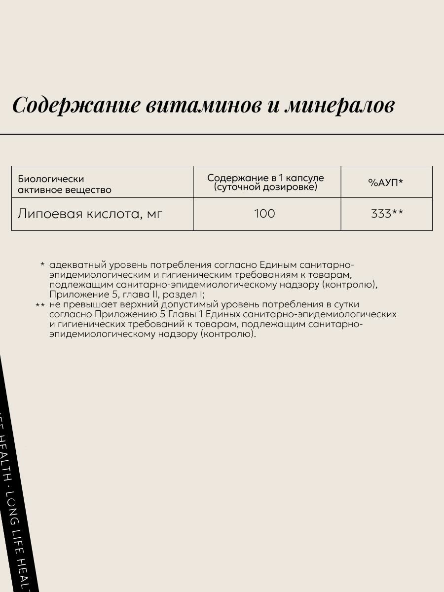 Бад Для Обмена Веществ Альфа Липоевая кислота/Alpha Lipoic 100 мг, 60 капсул бады для похудения и детокса, витамины для женщин и мужчин