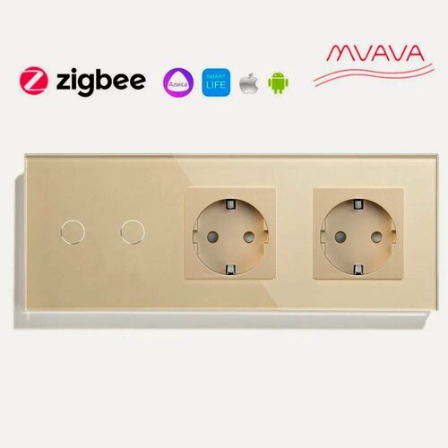 Изображение товара Сенсорный выключатель ZigBee MVAVA 2кл. 2 розетки, 3 поста (2G+2EU) стекло 228х86мм цвет золотой