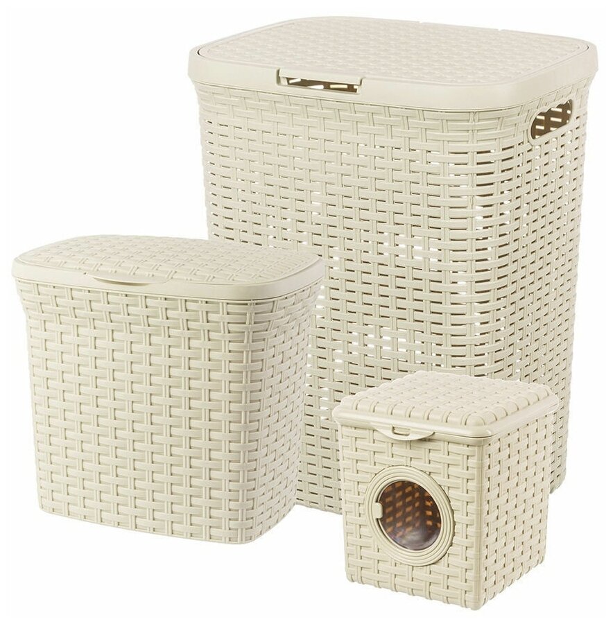 фото Набор из 3х предметов Ротанг: Корзина для белья с крышкой 40л / контейнеры для мелочей или стирального порошка 10 л и 3л