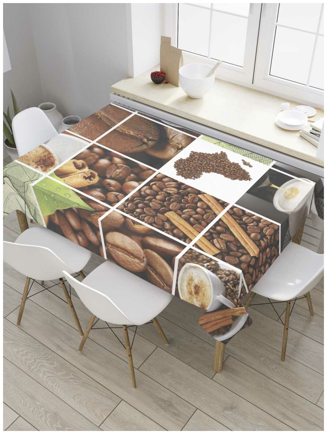 Скатерть прямоугольная JoyArty на кухонный стол "Приготовление кофе" из оксфорда, 120x145 см