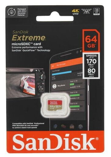 Карта памяти microSDXC SanDisk Extreme 64Gb (SDSQXAH-064G-GN6MN) - фото №2