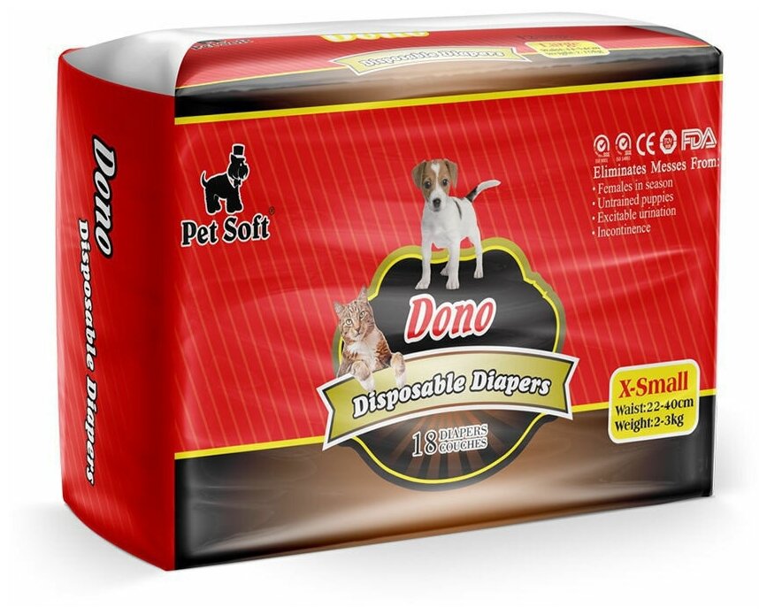 Подгузники для животных DONO Disposable Diapers XS, вес 2-3 кг, талия 22-40 см, 18 шт