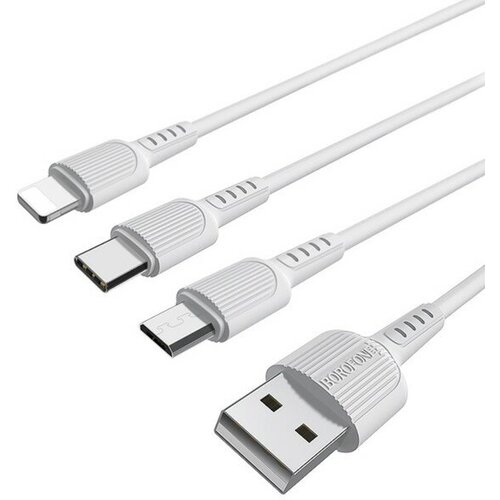 Кабель Borofone х16, 3 в 1 Lightning/microUSB/Type-C, 2.4 А, 1 м, TPE оплётка, белый