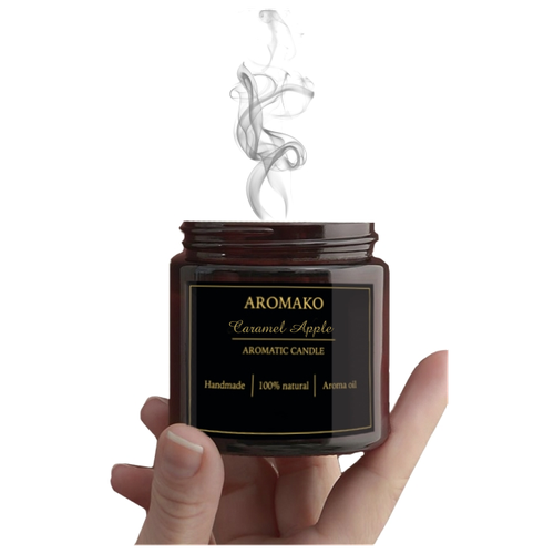 Ароматическая свеча AROMAKO Caramel Apple /Аромасвеча из натурального воска в стеклянной банке с деревянным фитилём 100 гр/ 60 часов горения