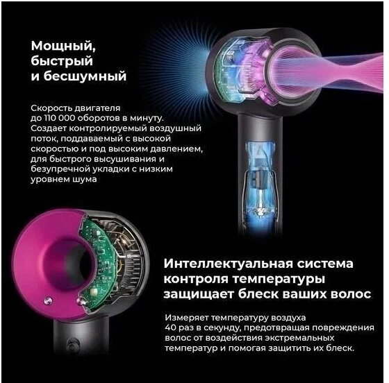 Фен для волос Super Hair Dryer, 5 насадок / Стайлер для укладки волос / Фен профессиональный для волос с насадками / Серый - фотография № 3