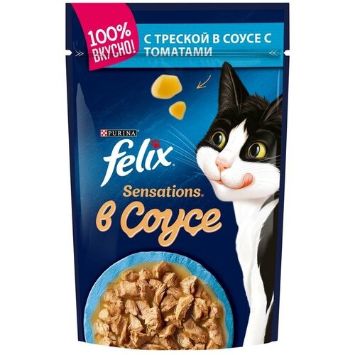 Влажный корм Felix Sensations для взрослых кошек, с треской в соусе с томатами, 0.075 кг, 6 шт.
