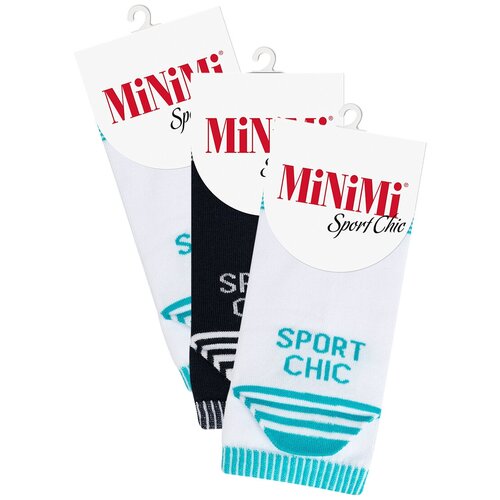 Носки женские MINIMI MINI SPORT CHIC 4302, короткие, с принтом, хлопок, спортивные, летние, 2Bianco/Blu Scuro 35-38. Набор - 3 шт