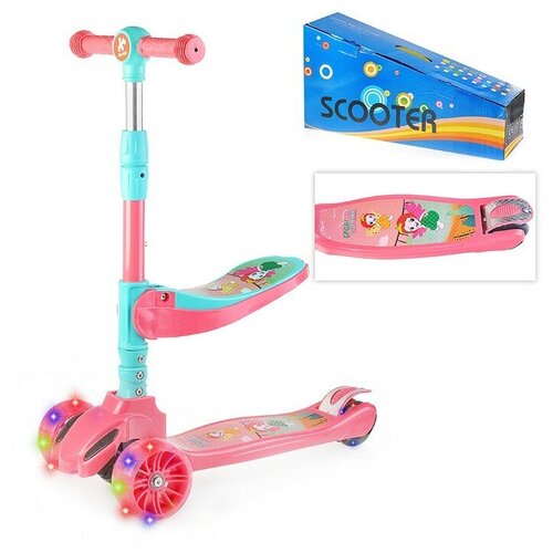 фото Самокат детский трехколесный складной с сиденьем, светящиеся колеса, дека с подсветкой и мелодией 128-2 розовый, в коробке no name