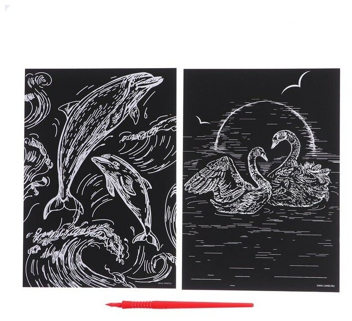 Набор гравюр «Дельфин и лебеди» с металлическим эффектом «золото», 2 шт, А5, 2 штуки