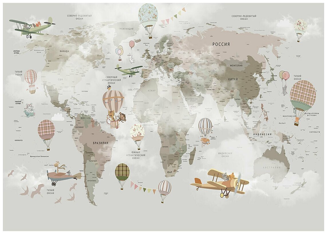 Карта мира воздухоплаватели детские - Виниловые фотообои, (420х300 см)
