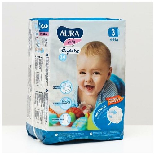 Подгузники одноразовые для детей Aura Baby 3/M 4-9 кг small-pack 14шт Aura 7332389 .