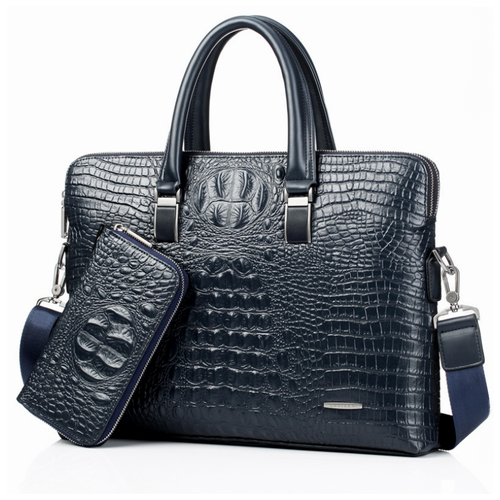фото Сумка-портфель mypads premium m-7558 из качественной импортной натуральной коровьей кожи для ноутбука 15.6 дюйма вместительная американский дизайн фактурная кожа крокодила мужская + портмоне темно-синего цвета