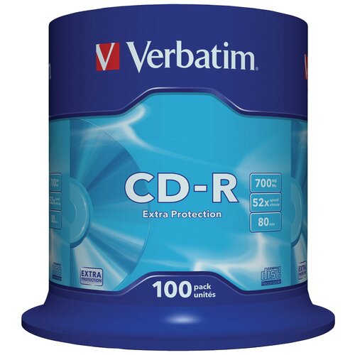 Диски CD-R VERBATIM 700 Mb 52х, комплект 100 шт, Cake Box, 43411