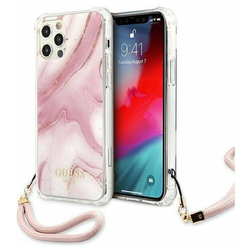 фото Чехол cg mobile guess pc/tpu marble hard + nylon hand cord для iphone 12/12 pro, цвет розовый (guhcp12mksmapi)