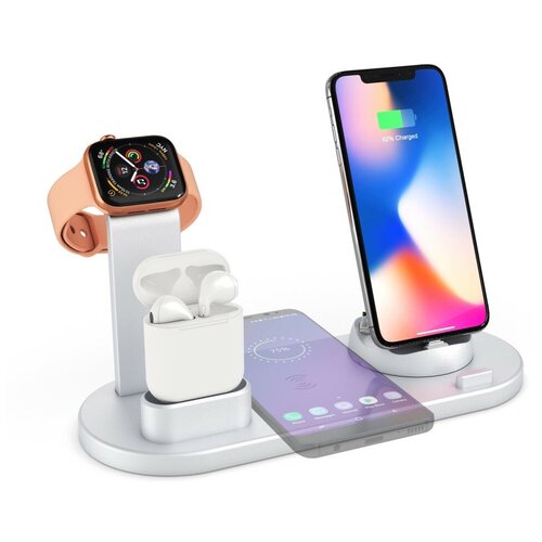 фото Док-станция для беспроводной зарядки ud15 4 в 1 для iphone / apple watch / airpods / устройств android / type-c / micro usb / lightning, серебристая grand price