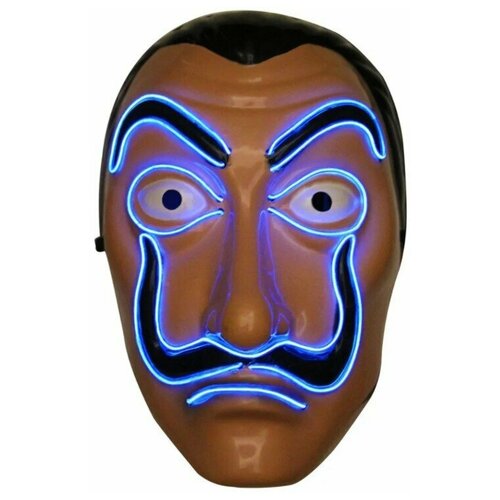 фото Маска сальвадор дали/ маска бумажный дом/ маска карнавальная/ маска на хэллоуин, с синей неоновой подсветкой wellywell