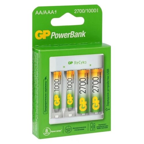 фото Зарядное устройство gp e411270/100-2crb4 + 2шт акк. aa (hr06) 2700mah+ 2шт акк. aaa (hr03) 1000mah (usb)